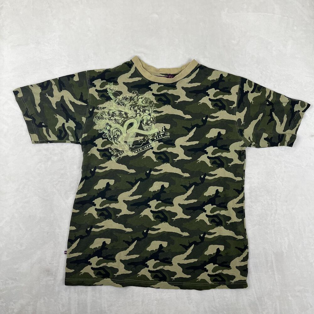 Vintage Rocawear T-Shirt Mens XL Green Camo Crest Logo Streetwear All Over Y2K